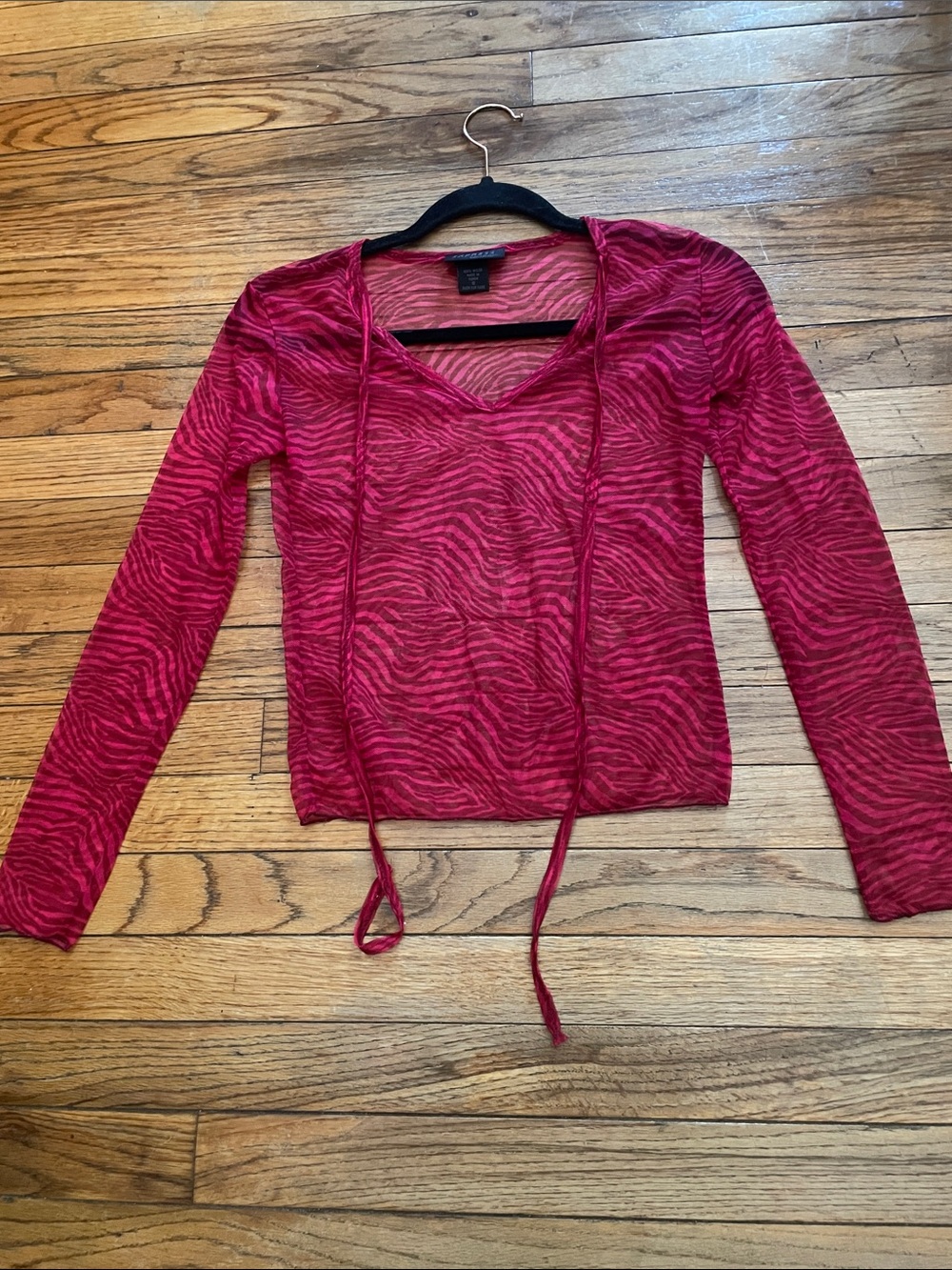 Express Red Zebra-Print Long Sleeve Tie-Neck Top